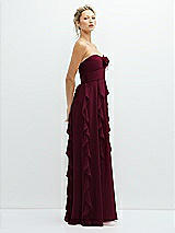 Side View Thumbnail - Cabernet Strapless Vertical Ruffle Chiffon Maxi Dress with Flower Detail