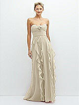 Front View Thumbnail - Champagne Strapless Vertical Ruffle Chiffon Maxi Dress with Flower Detail