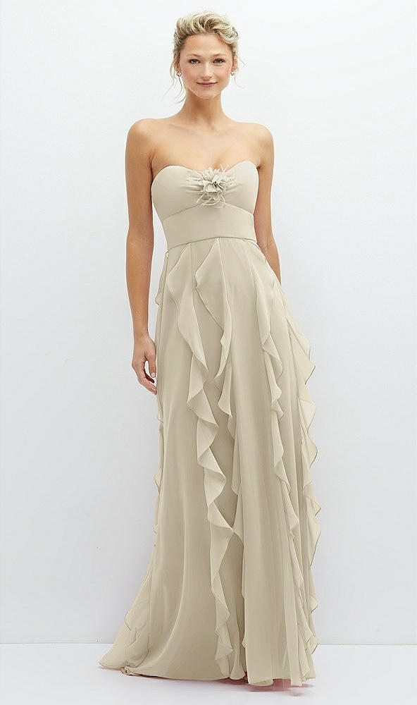 Front View - Champagne Strapless Vertical Ruffle Chiffon Maxi Dress with Flower Detail