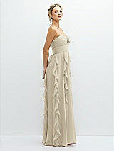 Side View Thumbnail - Champagne Strapless Vertical Ruffle Chiffon Maxi Dress with Flower Detail