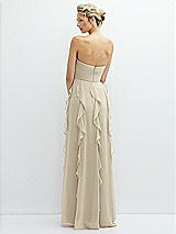 Rear View Thumbnail - Champagne Strapless Vertical Ruffle Chiffon Maxi Dress with Flower Detail