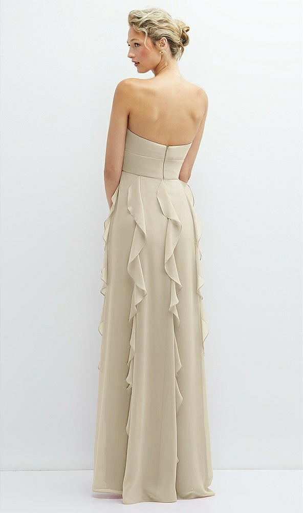 Back View - Champagne Strapless Vertical Ruffle Chiffon Maxi Dress with Flower Detail