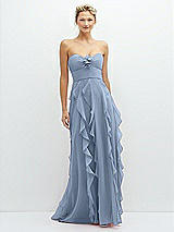 Front View Thumbnail - Cloudy Strapless Vertical Ruffle Chiffon Maxi Dress with Flower Detail