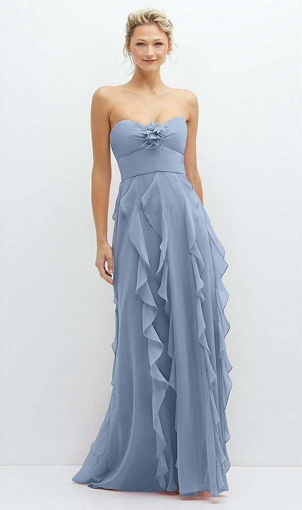 Front View - Cloudy Strapless Vertical Ruffle Chiffon Maxi Dress with Flower Detail