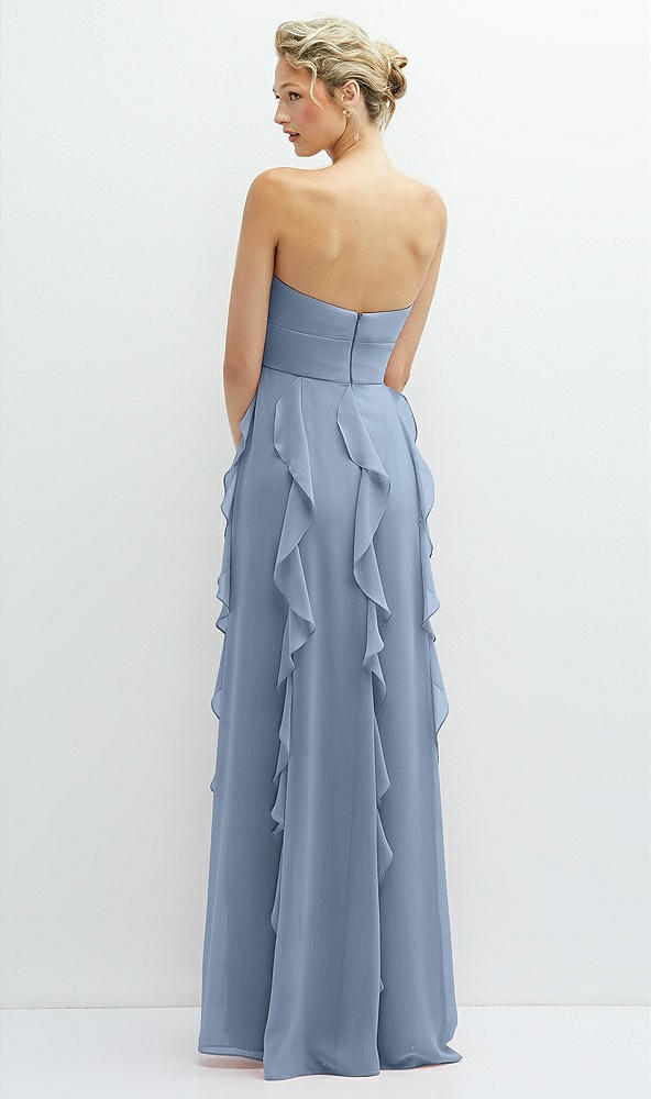 Back View - Cloudy Strapless Vertical Ruffle Chiffon Maxi Dress with Flower Detail