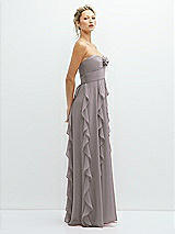 Side View Thumbnail - Cashmere Gray Strapless Vertical Ruffle Chiffon Maxi Dress with Flower Detail