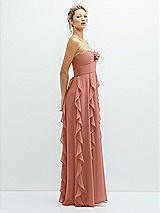 Side View Thumbnail - Desert Rose Strapless Vertical Ruffle Chiffon Maxi Dress with Flower Detail