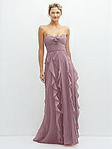 Front View Thumbnail - Dusty Rose Strapless Vertical Ruffle Chiffon Maxi Dress with Flower Detail
