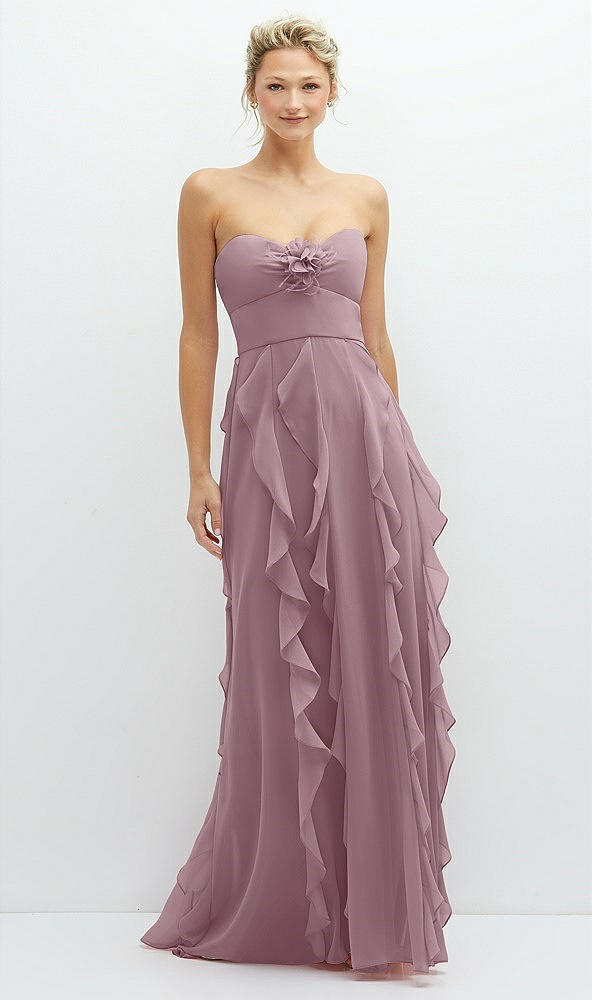 Front View - Dusty Rose Strapless Vertical Ruffle Chiffon Maxi Dress with Flower Detail