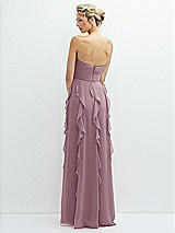 Rear View Thumbnail - Dusty Rose Strapless Vertical Ruffle Chiffon Maxi Dress with Flower Detail
