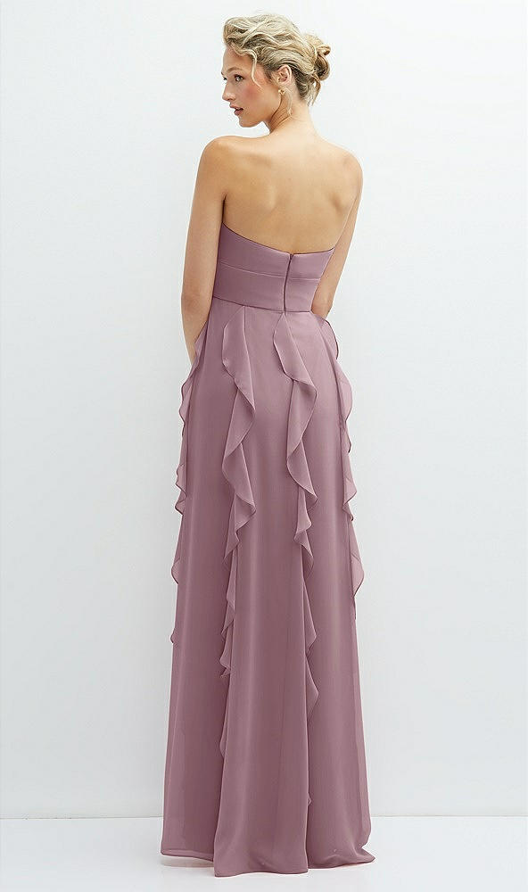 Back View - Dusty Rose Strapless Vertical Ruffle Chiffon Maxi Dress with Flower Detail
