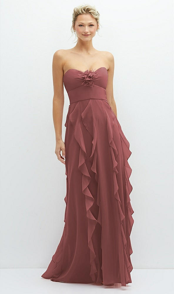 Front View - English Rose Strapless Vertical Ruffle Chiffon Maxi Dress with Flower Detail