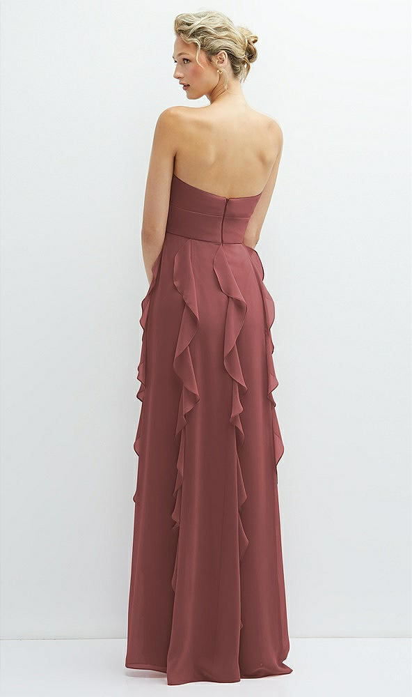 Back View - English Rose Strapless Vertical Ruffle Chiffon Maxi Dress with Flower Detail