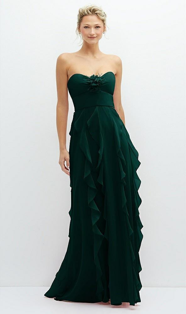 Front View - Evergreen Strapless Vertical Ruffle Chiffon Maxi Dress with Flower Detail