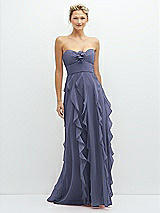 Front View Thumbnail - French Blue Strapless Vertical Ruffle Chiffon Maxi Dress with Flower Detail