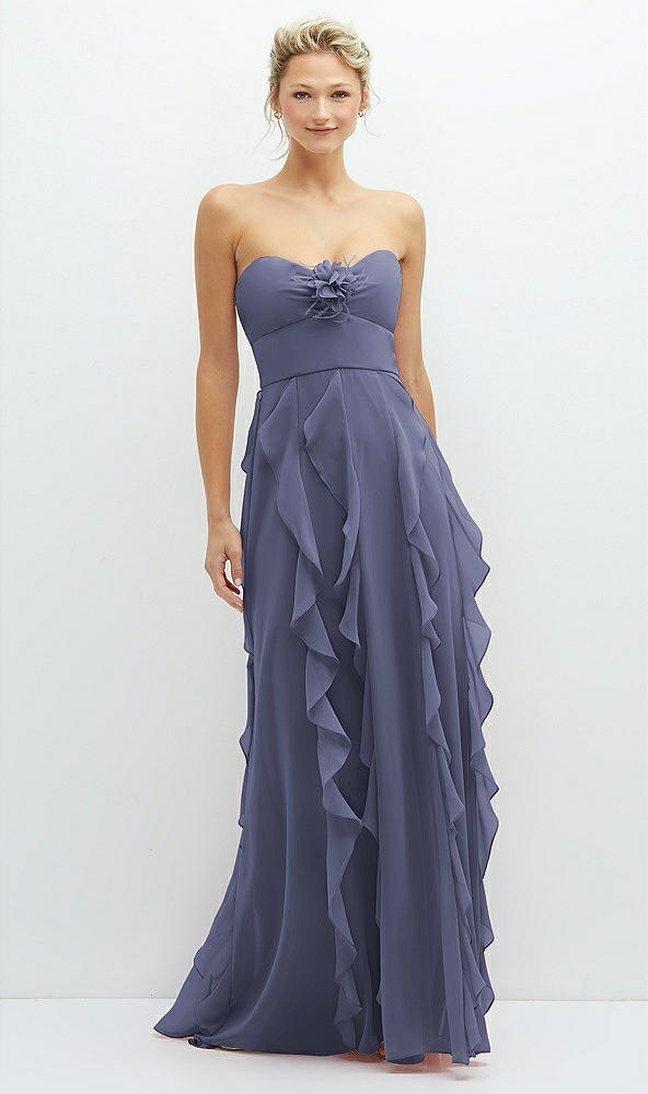 Front View - French Blue Strapless Vertical Ruffle Chiffon Maxi Dress with Flower Detail
