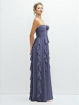 Side View Thumbnail - French Blue Strapless Vertical Ruffle Chiffon Maxi Dress with Flower Detail
