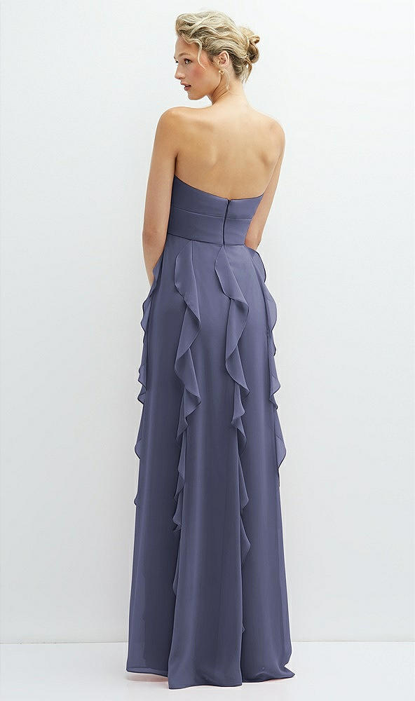 Back View - French Blue Strapless Vertical Ruffle Chiffon Maxi Dress with Flower Detail