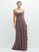 Front View Thumbnail - French Truffle Strapless Vertical Ruffle Chiffon Maxi Dress with Flower Detail