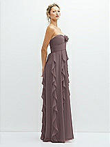 Side View Thumbnail - French Truffle Strapless Vertical Ruffle Chiffon Maxi Dress with Flower Detail