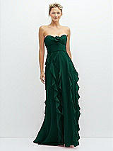 Front View Thumbnail - Hunter Green Strapless Vertical Ruffle Chiffon Maxi Dress with Flower Detail