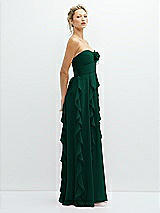 Side View Thumbnail - Hunter Green Strapless Vertical Ruffle Chiffon Maxi Dress with Flower Detail