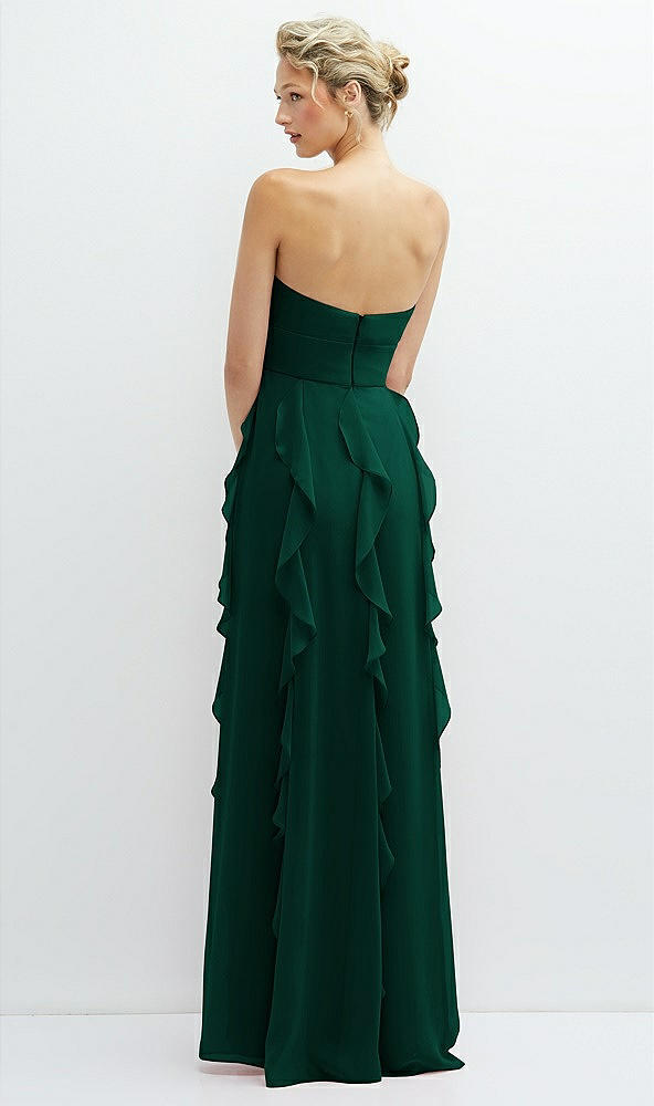 Back View - Hunter Green Strapless Vertical Ruffle Chiffon Maxi Dress with Flower Detail