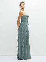 Side View Thumbnail - Icelandic Strapless Vertical Ruffle Chiffon Maxi Dress with Flower Detail