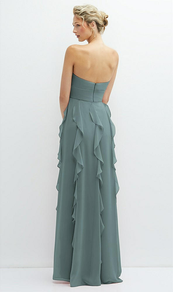 Back View - Icelandic Strapless Vertical Ruffle Chiffon Maxi Dress with Flower Detail