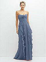 Front View Thumbnail - Larkspur Blue Strapless Vertical Ruffle Chiffon Maxi Dress with Flower Detail