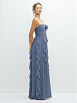 Side View Thumbnail - Larkspur Blue Strapless Vertical Ruffle Chiffon Maxi Dress with Flower Detail