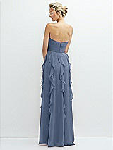 Rear View Thumbnail - Larkspur Blue Strapless Vertical Ruffle Chiffon Maxi Dress with Flower Detail