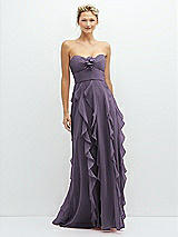 Front View Thumbnail - Lavender Strapless Vertical Ruffle Chiffon Maxi Dress with Flower Detail