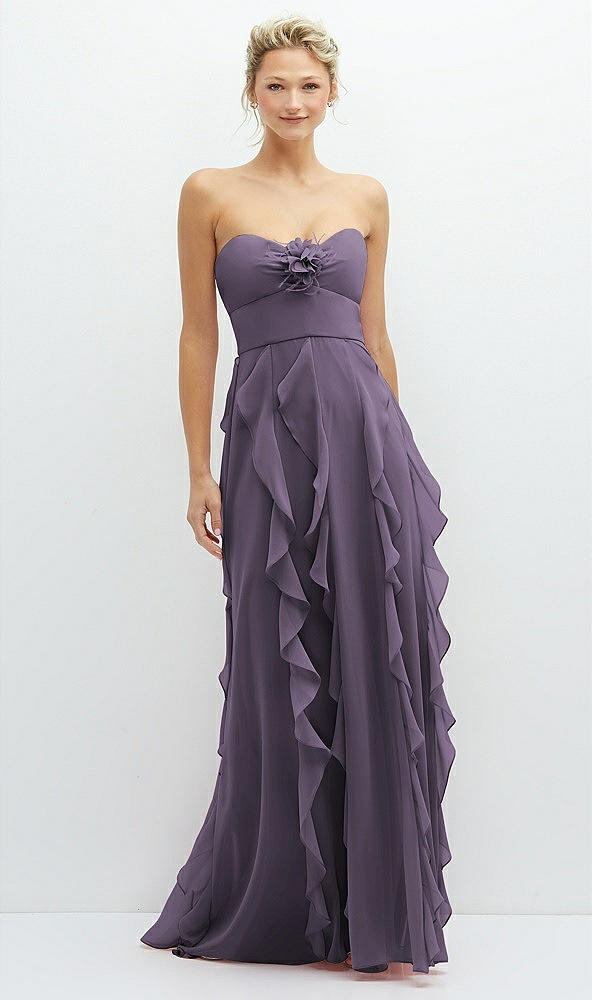 Front View - Lavender Strapless Vertical Ruffle Chiffon Maxi Dress with Flower Detail