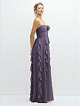 Side View Thumbnail - Lavender Strapless Vertical Ruffle Chiffon Maxi Dress with Flower Detail