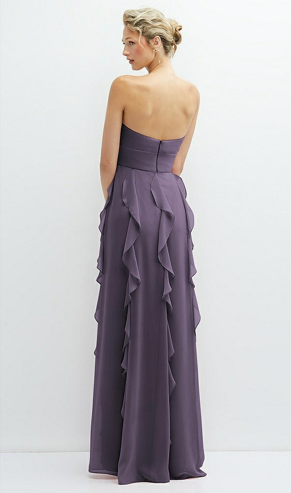 Back View - Lavender Strapless Vertical Ruffle Chiffon Maxi Dress with Flower Detail