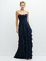 Front View Thumbnail - Midnight Navy Strapless Vertical Ruffle Chiffon Maxi Dress with Flower Detail
