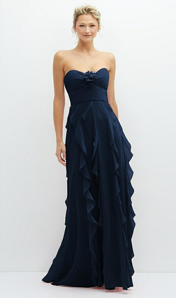Front View - Midnight Navy Strapless Vertical Ruffle Chiffon Maxi Dress with Flower Detail