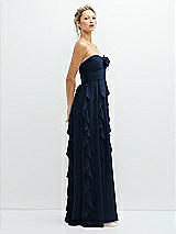 Side View Thumbnail - Midnight Navy Strapless Vertical Ruffle Chiffon Maxi Dress with Flower Detail