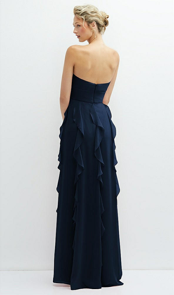 Back View - Midnight Navy Strapless Vertical Ruffle Chiffon Maxi Dress with Flower Detail