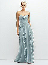 Front View Thumbnail - Morning Sky Strapless Vertical Ruffle Chiffon Maxi Dress with Flower Detail