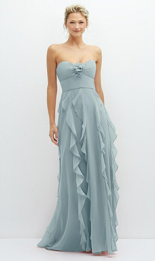 Front View - Morning Sky Strapless Vertical Ruffle Chiffon Maxi Dress with Flower Detail