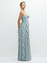 Side View Thumbnail - Morning Sky Strapless Vertical Ruffle Chiffon Maxi Dress with Flower Detail