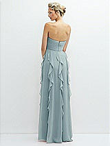 Rear View Thumbnail - Morning Sky Strapless Vertical Ruffle Chiffon Maxi Dress with Flower Detail