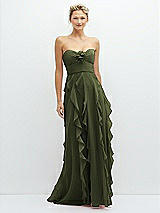 Front View Thumbnail - Olive Green Strapless Vertical Ruffle Chiffon Maxi Dress with Flower Detail