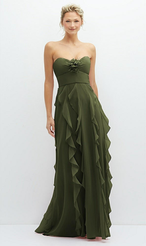Front View - Olive Green Strapless Vertical Ruffle Chiffon Maxi Dress with Flower Detail