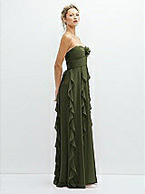 Side View Thumbnail - Olive Green Strapless Vertical Ruffle Chiffon Maxi Dress with Flower Detail