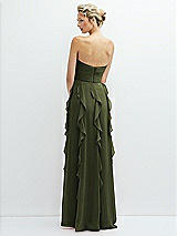 Rear View Thumbnail - Olive Green Strapless Vertical Ruffle Chiffon Maxi Dress with Flower Detail