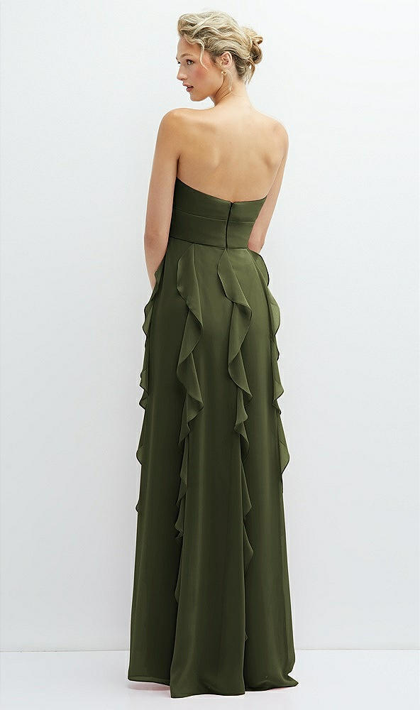 Back View - Olive Green Strapless Vertical Ruffle Chiffon Maxi Dress with Flower Detail