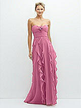 Front View Thumbnail - Orchid Pink Strapless Vertical Ruffle Chiffon Maxi Dress with Flower Detail